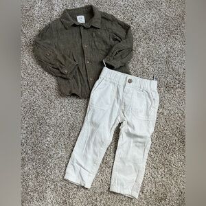 C&A Baby 12-18M Outfit - Sage Green Button-Up & White Pants